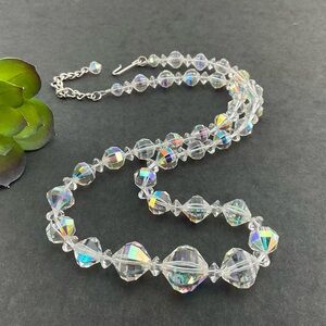 Vtg Clear Aurora Borealis Crystal Necklace, Checkerboard Square Cut Facets, MCM